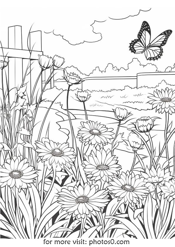 flowers and butterfly coloring page